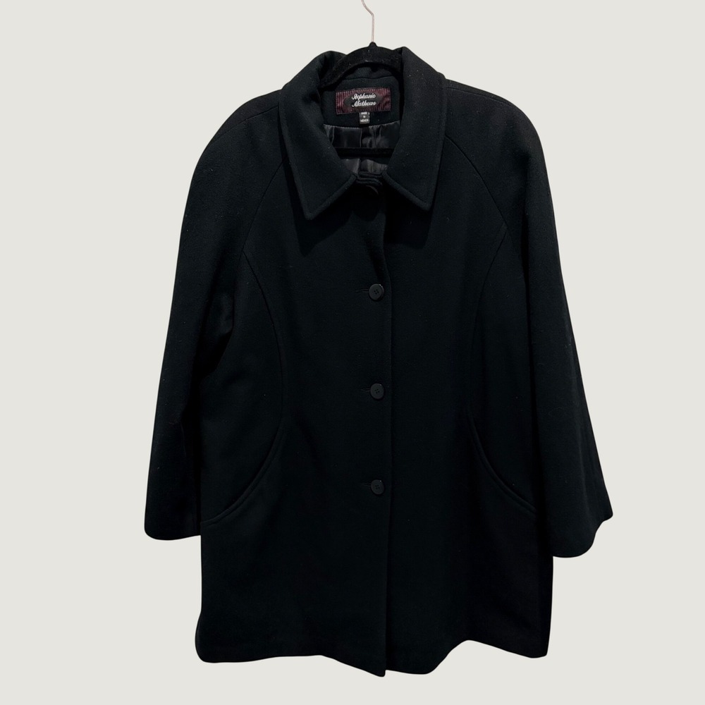Stephanie Mathews Black Wool Blend Car Coat Raglan Sleeve Lined | Size 20 Missy